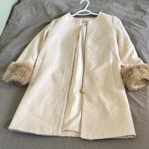 GU Japan Wool-Blend Collarless Coat with Faux Fur Cuffs